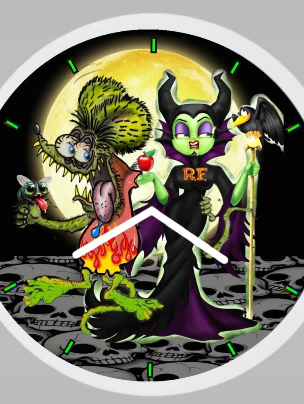 Rat Fink And Maleficent-Inspired Green and Purple Wall Clock Art